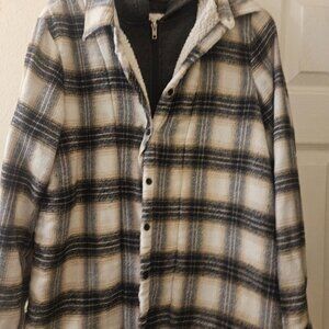 CI SONO Y2K PLAID Cowboy Plaid GREY FLANNEL SHERPA LINED SHACKET Hoodie M